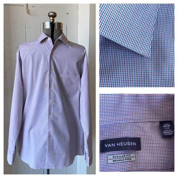 Van Heusen Red & Blue Check Reg Fit Wrinkle Free Button Up Shirt - Picture 1 of 12